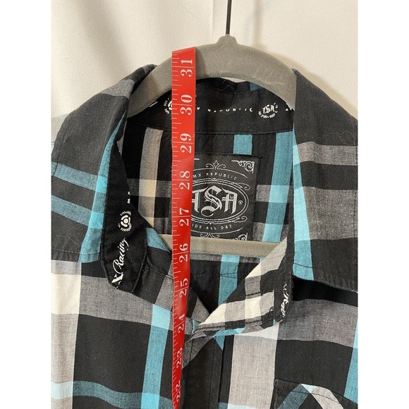 MX Republic Mens Button Up Short Sleeve Shirt White Blue Black Plaid Size Large - Picture 5 of 7